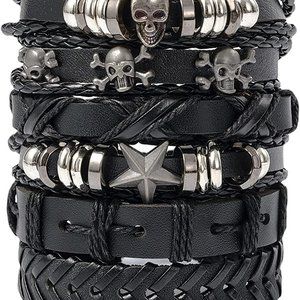 New 6 Piece Women Men Leather Bracelet Black Braided Rope Bracelet Wristband